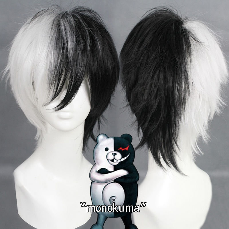 Cosplay Anime White Hair - Anime jogo danganronpa preto e branco