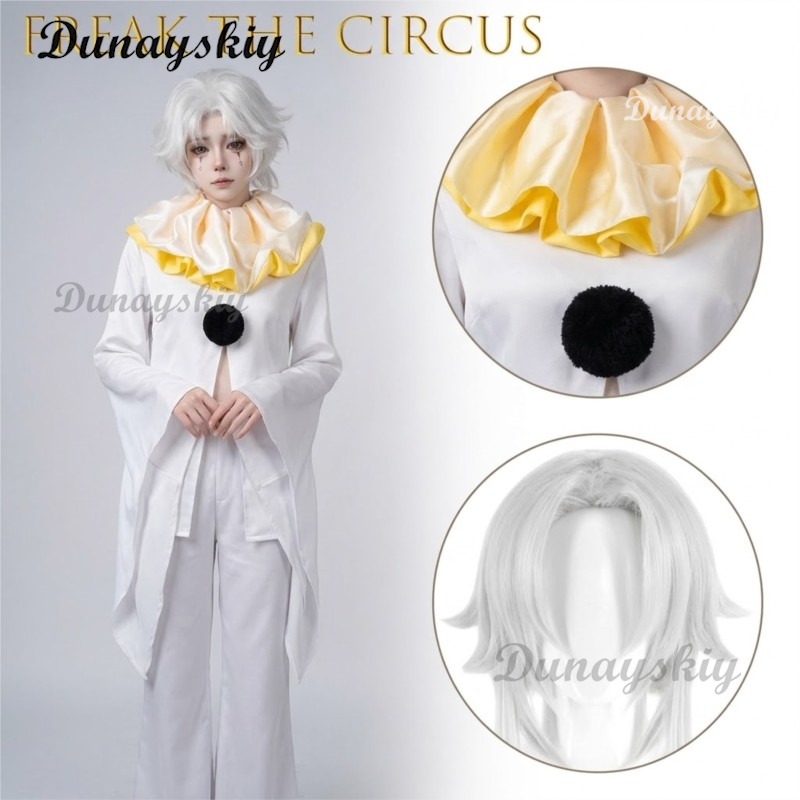 Cosplay Anime White Hair - Fantasia Completa de Palhaço Branco Pierrot